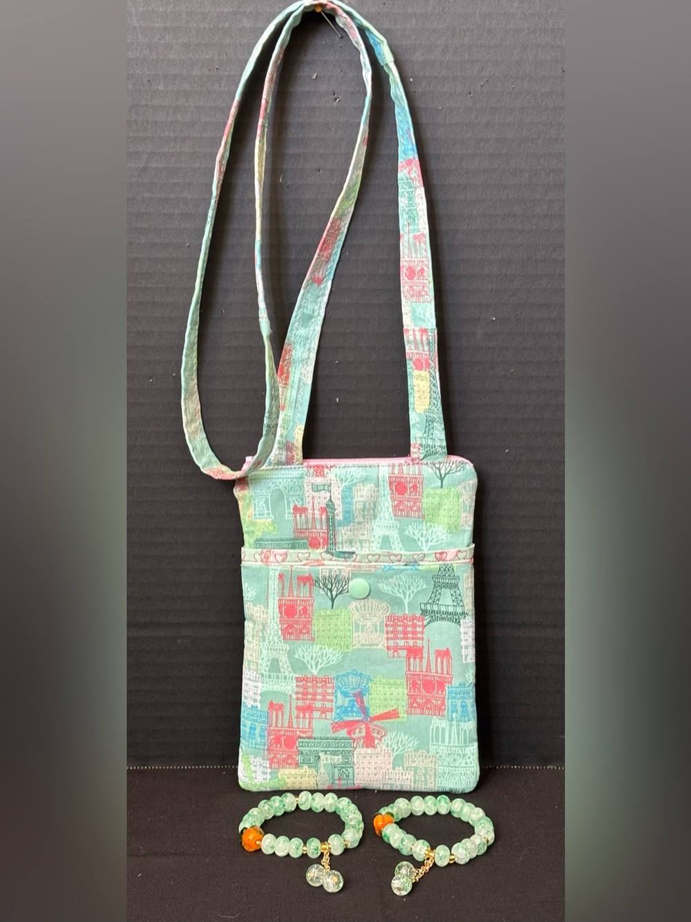 A Little of Paris Mint Green Crossbody Phone Pouch W/Snap & Glass Bracelets